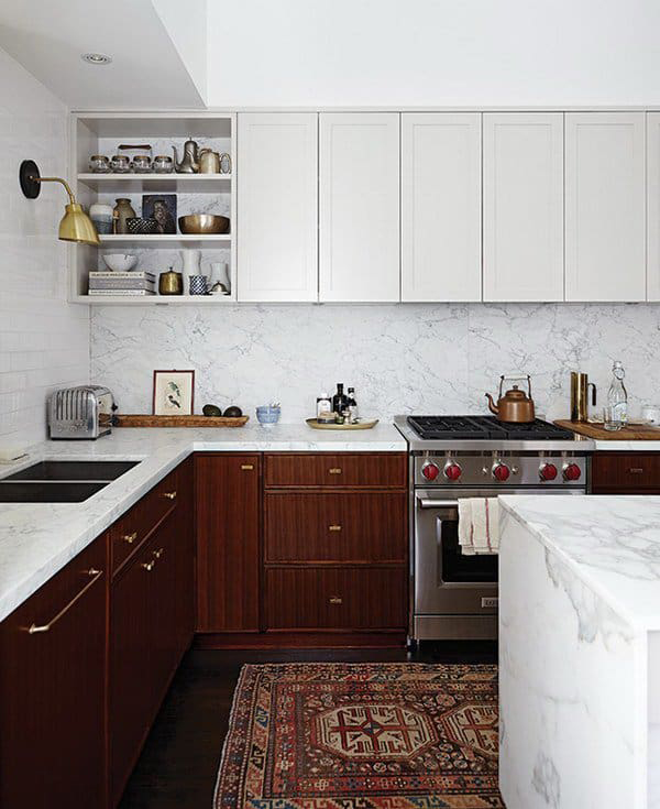 Two tone brown and white kitchen cabinets