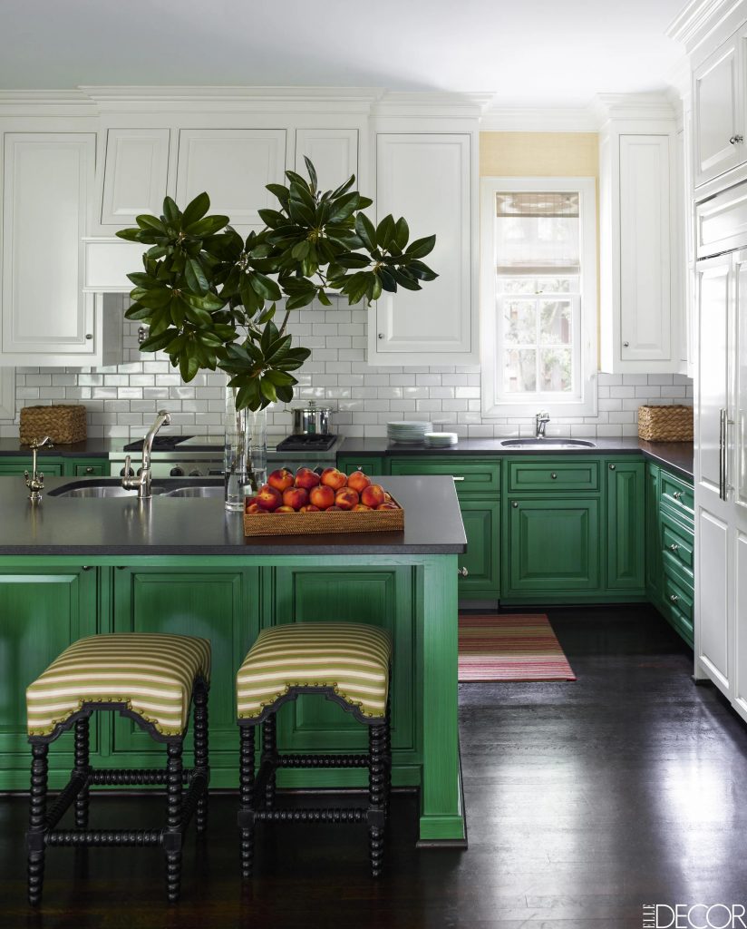 Two tone green and white kitchen cabinets