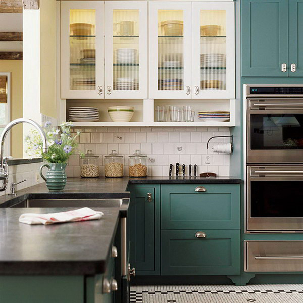 Two tone white and green kitchen cabinets